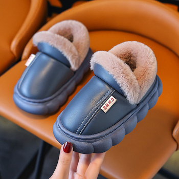 Slapi copii de iarnă, din bumbac, partea superioară din piele artificială, căptușeală fleece, talpă PVC, pentru 1–12 ani, Mu de shen, Iarnă 2024