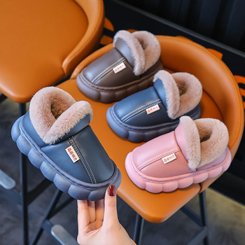 Slapi copii de iarnă, din bumbac, partea superioară din piele artificială, căptușeală fleece, talpă PVC, pentru 1–12 ani, Mu de shen, Iarnă 2024
