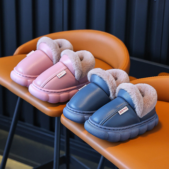 Slapi copii de iarnă, din bumbac, partea superioară din piele artificială, căptușeală fleece, talpă PVC, pentru 1–12 ani, Mu de shen, Iarnă 2024