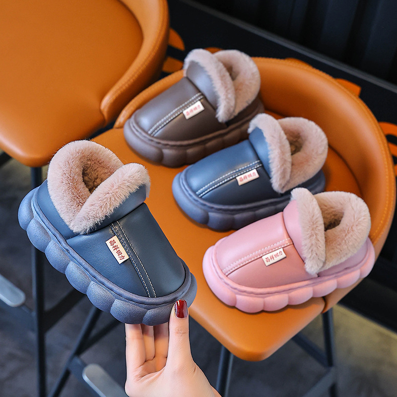 Slapi copii de iarnă, din bumbac, partea superioară din piele artificială, căptușeală fleece, talpă PVC, pentru 1–12 ani, Mu de shen, Iarnă 2024