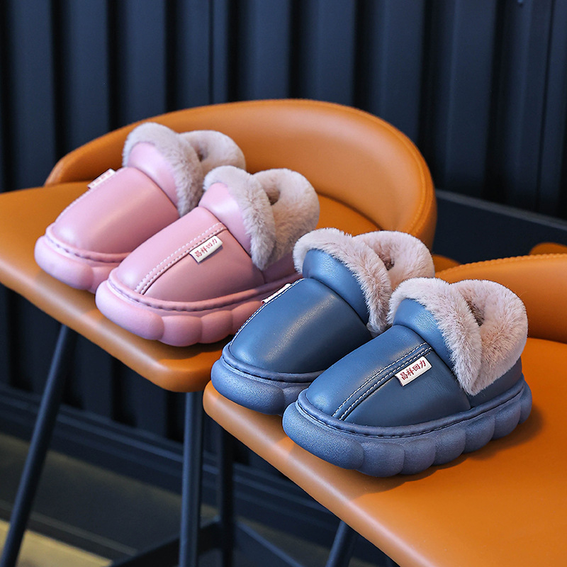 Slapi copii de iarnă, din bumbac, partea superioară din piele artificială, căptușeală fleece, talpă PVC, pentru 1–12 ani, Mu de shen, Iarnă 2024