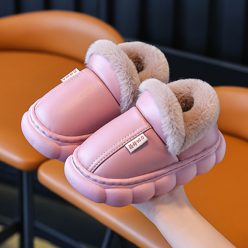 Slapi copii de iarnă, din bumbac, partea superioară din piele artificială, căptușeală fleece, talpă PVC, pentru 1–12 ani, Mu de shen, Iarnă 2024