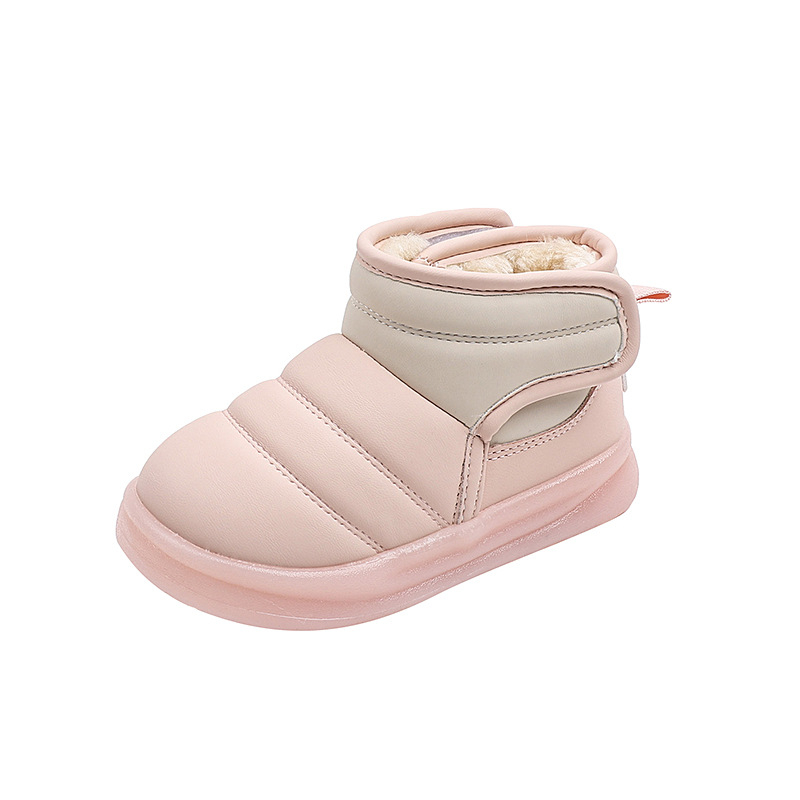 Gyerek téli bakancs csíkos mintával, műbőr felsőrész, fleece bélés, vastag PVC talp, Velcro zárás