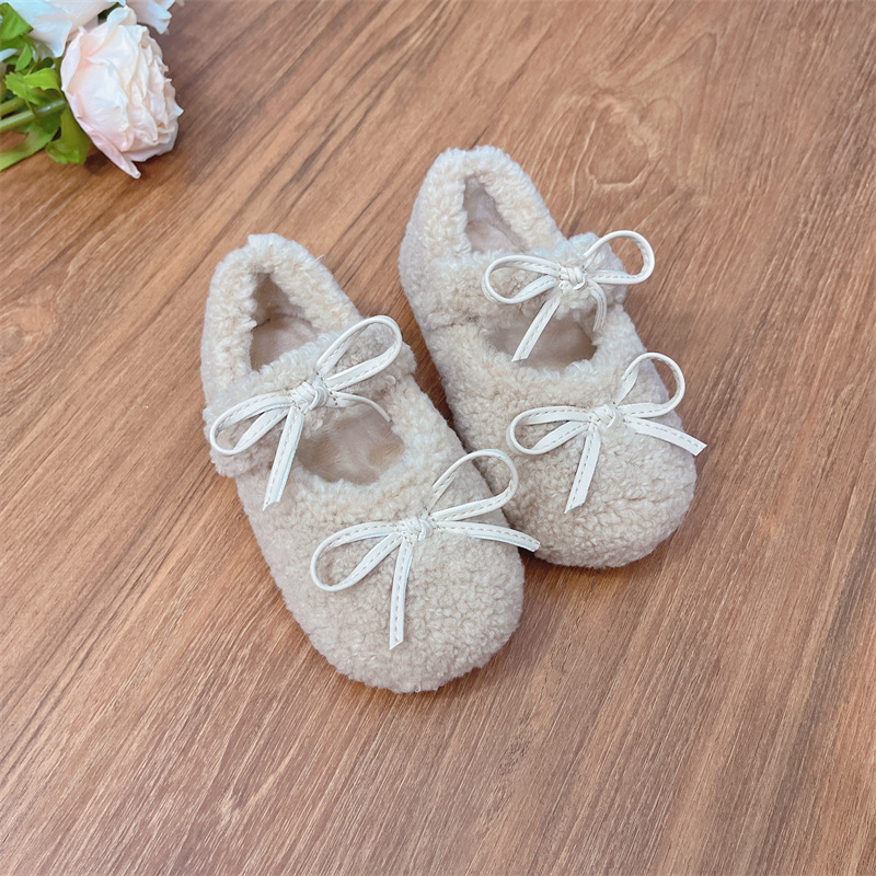 Gyerekcipő lányoknak bársonyos felsőrésszel, masnival, Velcro-zárás, gumitalp, hercegnő-stílus, meleg bélésű őszi-téli viselet