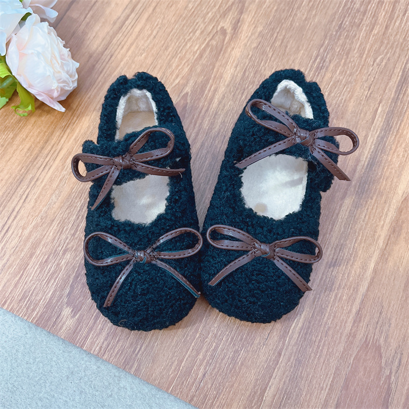 Gyerekcipő lányoknak bársonyos felsőrésszel, masnival, Velcro-zárás, gumitalp, hercegnő-stílus, meleg bélésű őszi-téli viselet