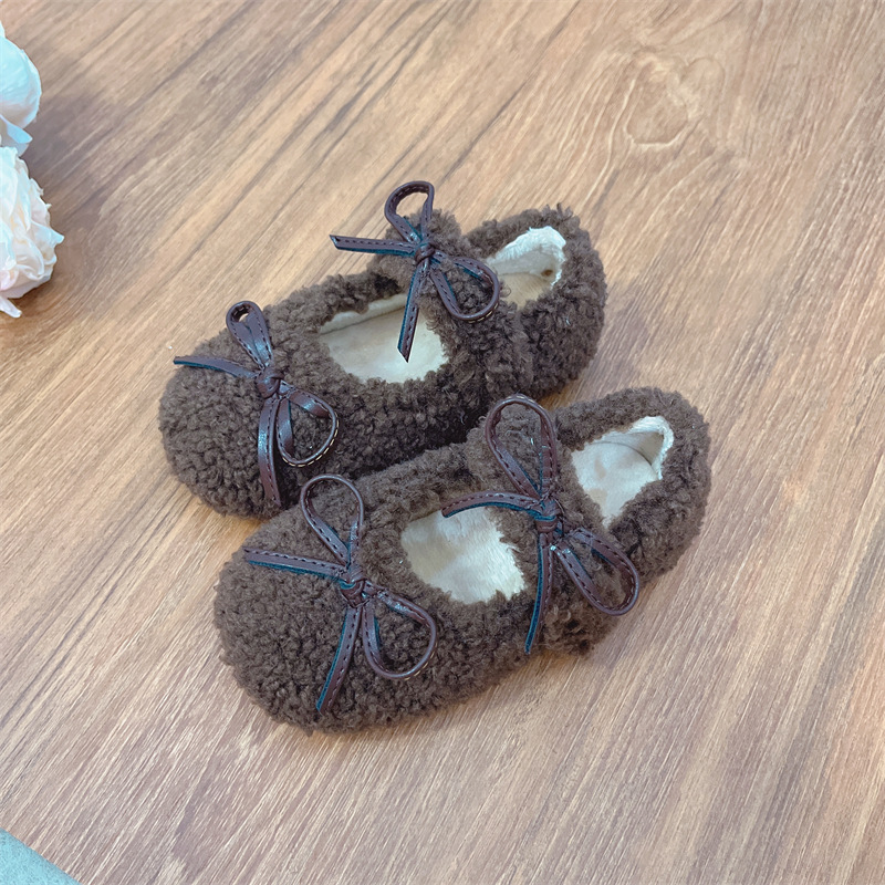 Gyerekcipő lányoknak bársonyos felsőrésszel, masnival, Velcro-zárás, gumitalp, hercegnő-stílus, meleg bélésű őszi-téli viselet