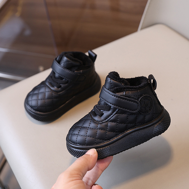 Unisex pantofi de iarnă pentru copii, închidere Velcro, căptușeală de fleece, partea superioară din piele artificială, talpă din cauciuc, pentru vârsta 1–3 ani