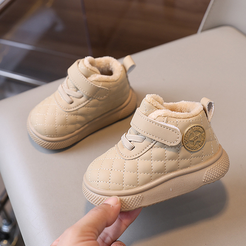 Unisex pantofi de iarnă pentru copii, închidere Velcro, căptușeală de fleece, partea superioară din piele artificială, talpă din cauciuc, pentru vârsta 1–3 ani