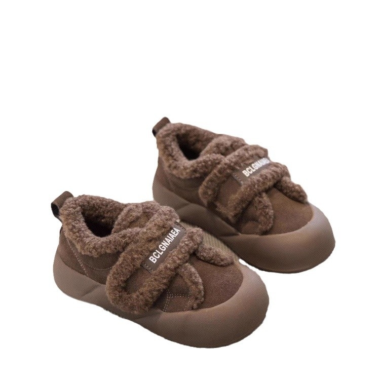 Gyerekeknek készült vastag talpú kenyérszerű cipő, velúr felsőrész, gumitalp, fleece bélés, téli 2025