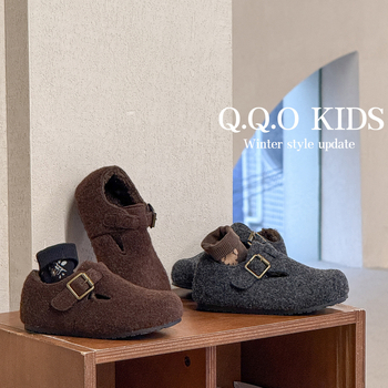 Q.Q.O Dječje cipele za zimu 2025, niske, toplo pamučne podstave, korejski stil, za djevojčice, u Birkenstock stilu, Velcro zatvarač