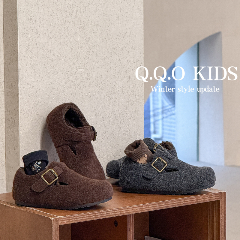 Q.Q.O Dječje cipele za zimu 2025, niske, toplo pamučne podstave, korejski stil, za djevojčice, u Birkenstock stilu, Velcro zatvarač