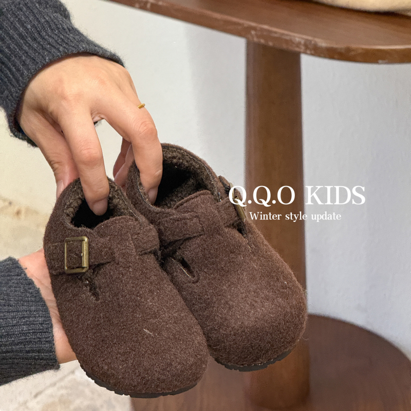 Q.Q.O Dječje cipele za zimu 2025, niske, toplo pamučne podstave, korejski stil, za djevojčice, u Birkenstock stilu, Velcro zatvarač