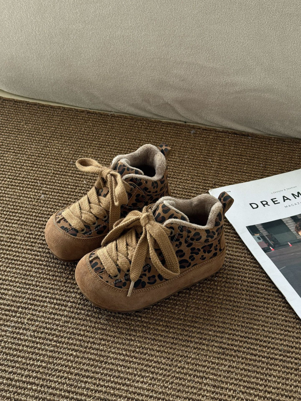 Dječje zimske cipele s leopard uzorkom, visoki gornji dio, korejski stil, zatvarač na Velcro, tople i udobne