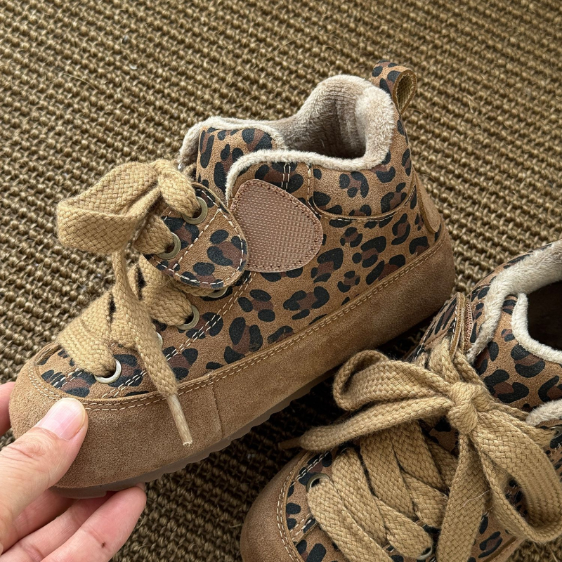 Dječje zimske cipele s leopard uzorkom, visoki gornji dio, korejski stil, zatvarač na Velcro, tople i udobne