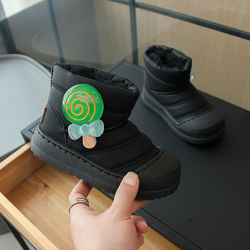 Uniszex gyerek téli hócsizma - koreai stílusú bokacipő, PU felső rész, fleece bélés, vízálló