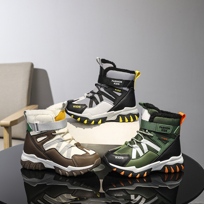 Vaikų medvilniniai žieminiai botai su neslidžia padų, Velcro užsegimas, viršutinė dalis iš dirbtinės odos, gumos pada, storesnė konstrukcija