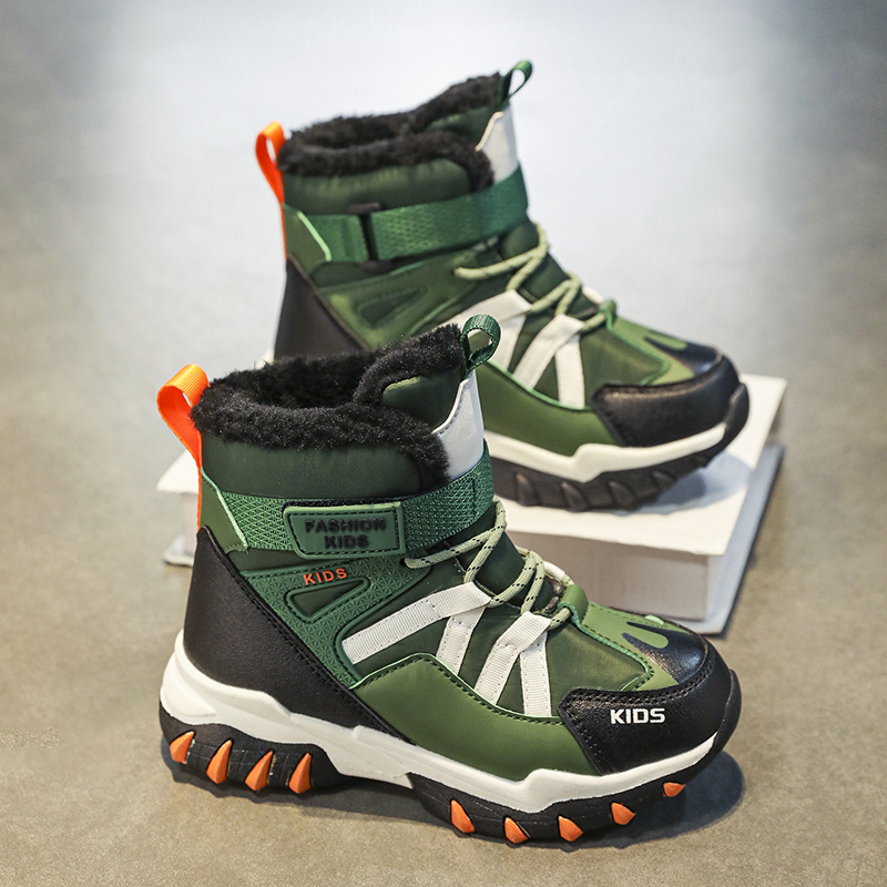 Vaikų medvilniniai žieminiai botai su neslidžia padų, Velcro užsegimas, viršutinė dalis iš dirbtinės odos, gumos pada, storesnė konstrukcija