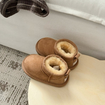 Unisex vaikų kulkšnies bateliai žiemai su kailiniu viršumi, padas iš veršienos sausgyslių, kasdienio stiliaus, 4–12 metų