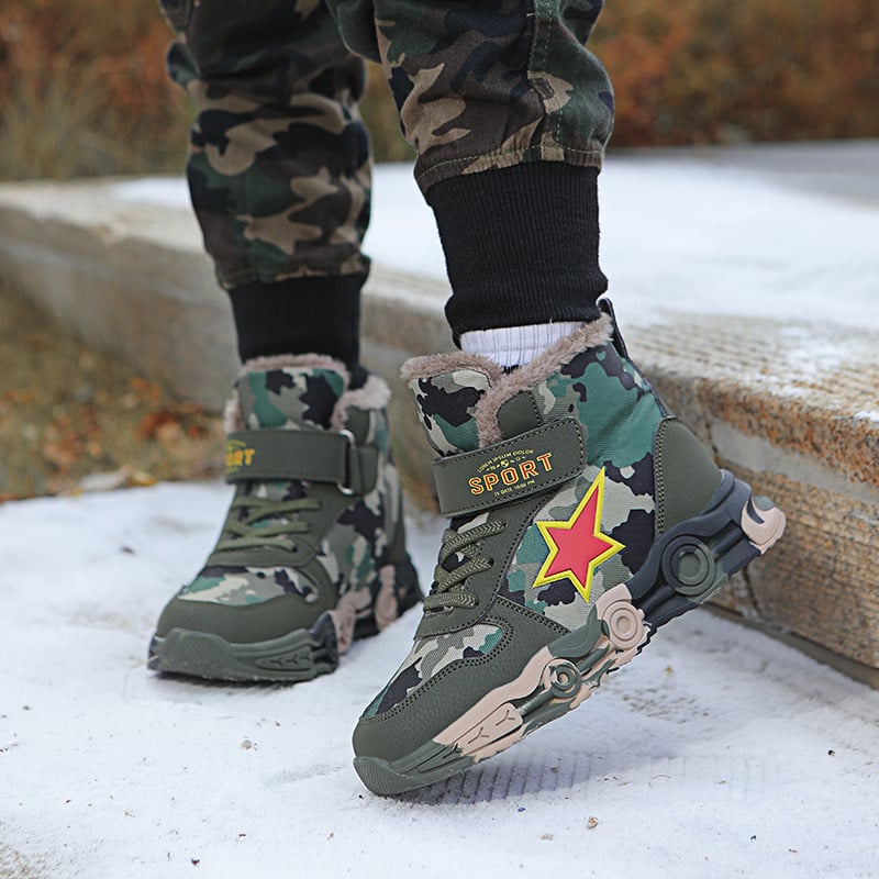 Gyerekeknek készült vászon magas szárú futócipő Velcro zárral, őszi-téli szezonra, kamuflázs mintázat