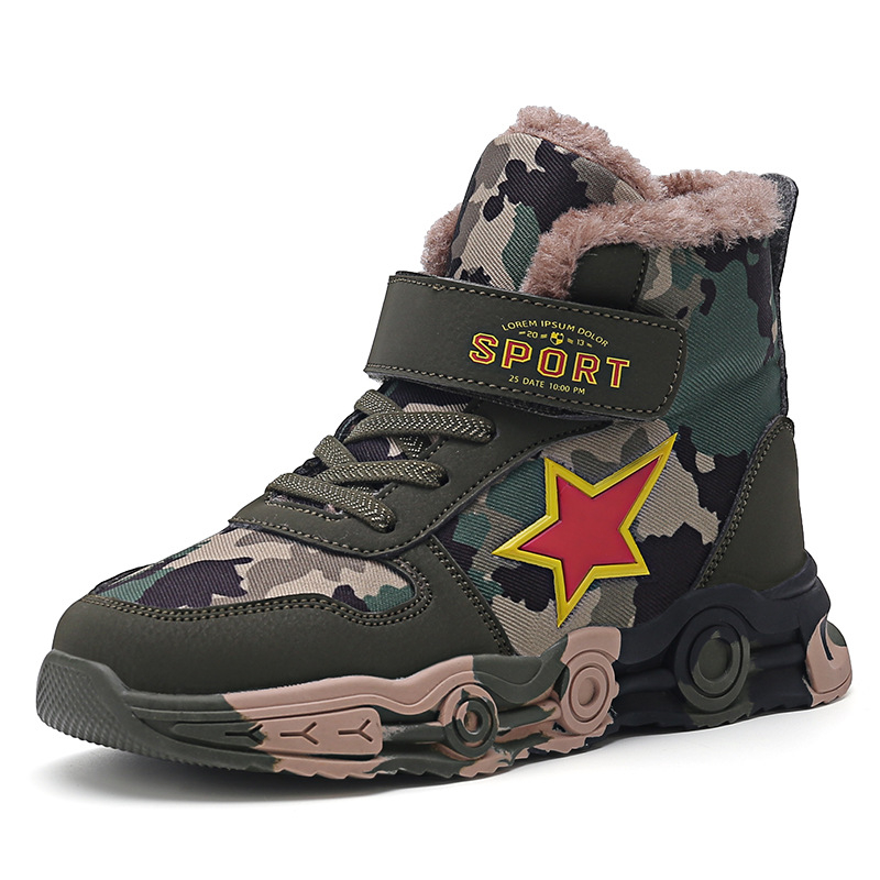 Gyerekeknek készült vászon magas szárú futócipő Velcro zárral, őszi-téli szezonra, kamuflázs mintázat