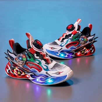 Világító gyerek futócipő, légáteresztő hálós felsőrésszel, könnyű EVA talppal, forgócsattal záródó