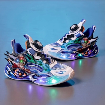 Világító gyerek futócipő, légáteresztő hálós felsőrésszel, könnyű EVA talppal, forgócsattal záródó