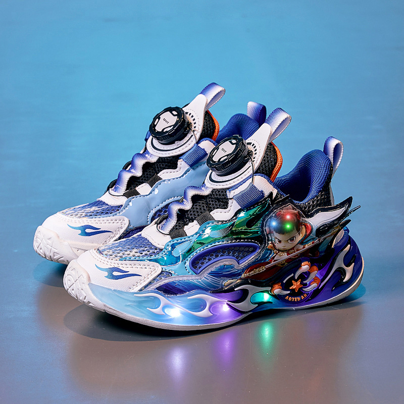 Világító gyerek futócipő, légáteresztő hálós felsőrésszel, könnyű EVA talppal, forgócsattal záródó