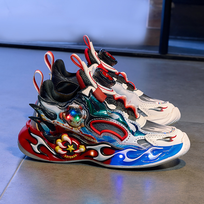 Világító gyerek futócipő, légáteresztő hálós felsőrésszel, könnyű EVA talppal, forgócsattal záródó