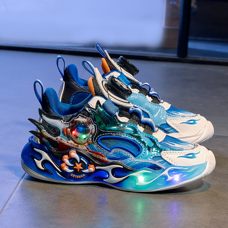 Világító gyerek futócipő, légáteresztő hálós felsőrésszel, könnyű EVA talppal, forgócsattal záródó