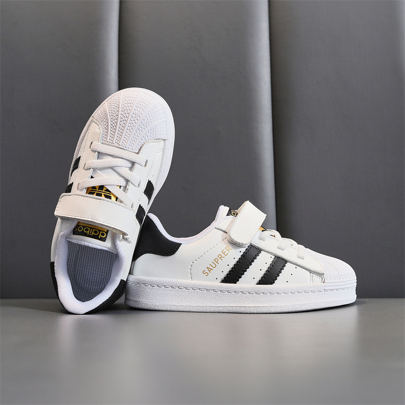 Unisex dječje tenisice od prave kože, Shell-Toe nos, Velcro kopčanje, gumena potplat, prugasti uzorak, vodootporne i otporne na habanje