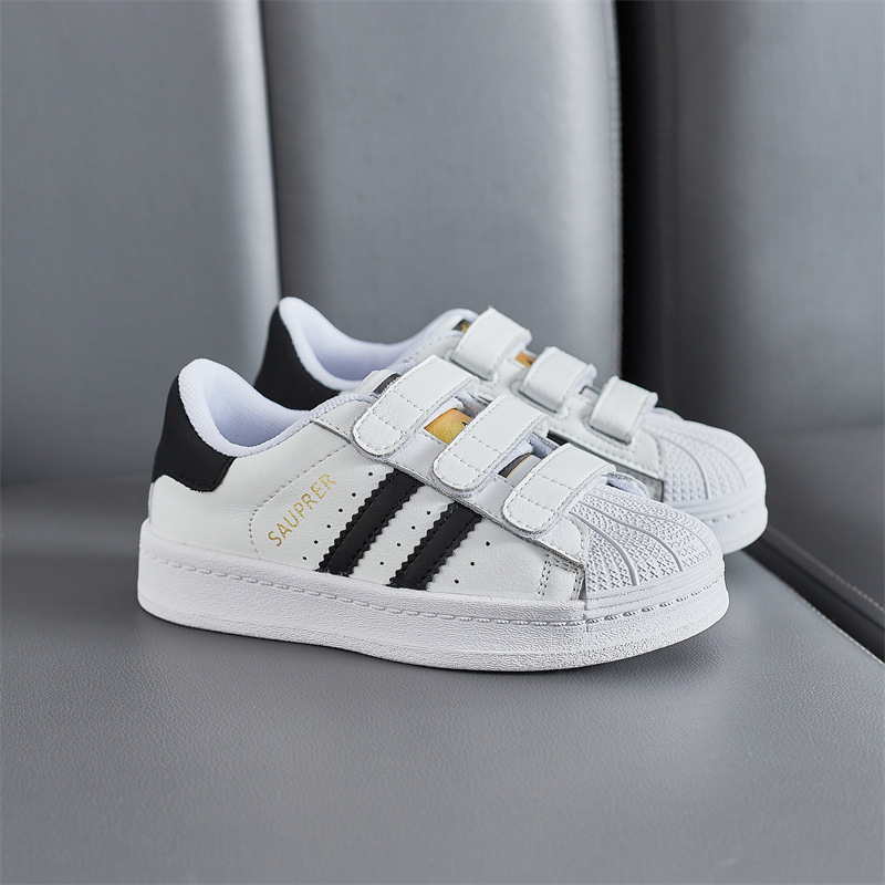 Unisex dječje tenisice od prave kože, Shell-Toe nos, Velcro kopčanje, gumena potplat, prugasti uzorak, vodootporne i otporne na habanje