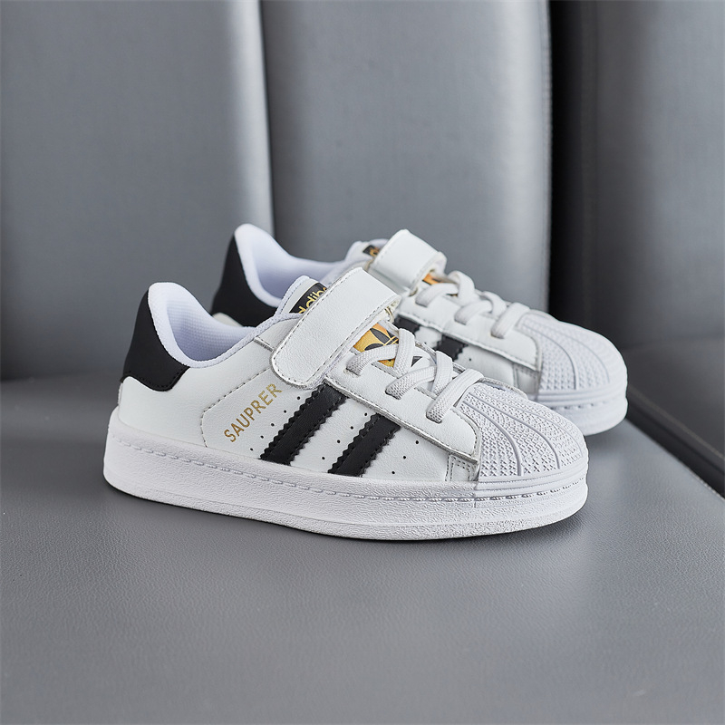 Unisex dječje tenisice od prave kože, Shell-Toe nos, Velcro kopčanje, gumena potplat, prugasti uzorak, vodootporne i otporne na habanje