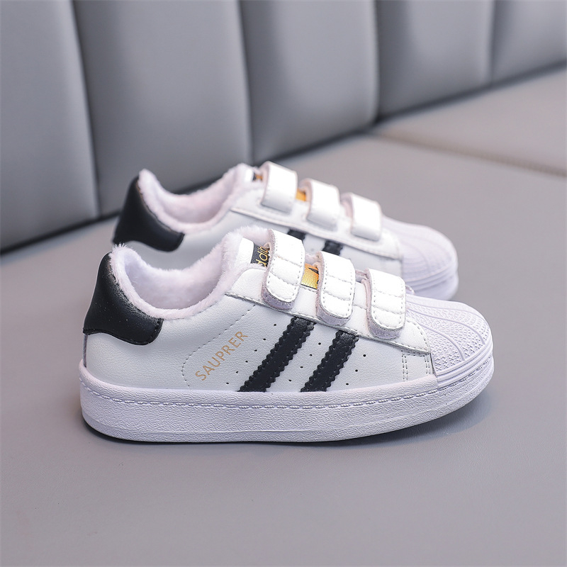 Unisex dječje tenisice od prave kože, Shell-Toe nos, Velcro kopčanje, gumena potplat, prugasti uzorak, vodootporne i otporne na habanje