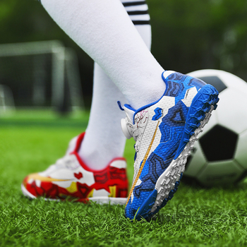 Pantofi de fotbal pentru copii, închidere cu Velcro, partea superioară din piele artificială, talpă din PVC pentru teren TF, model cu dungi