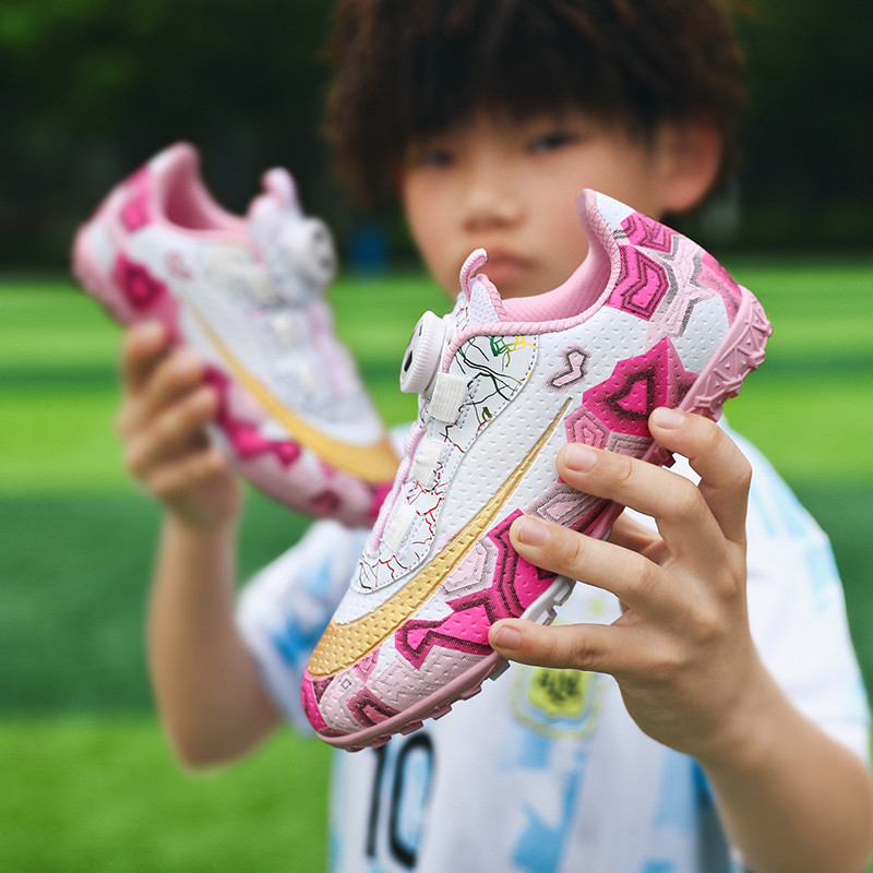 Pantofi de fotbal pentru copii, închidere cu Velcro, partea superioară din piele artificială, talpă din PVC pentru teren TF, model cu dungi