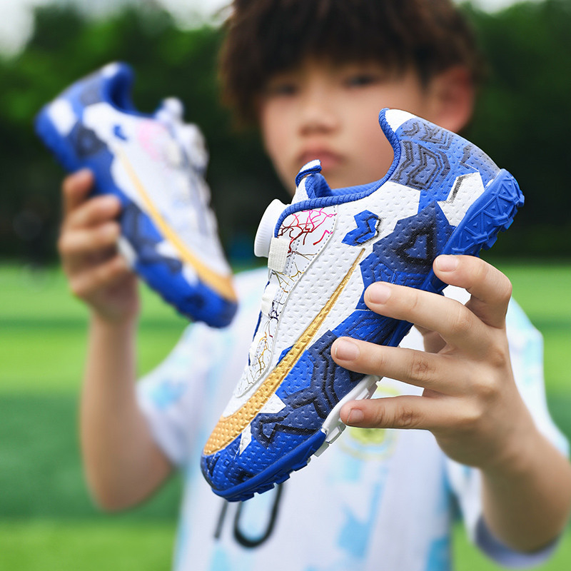 Pantofi de fotbal pentru copii, închidere cu Velcro, partea superioară din piele artificială, talpă din PVC pentru teren TF, model cu dungi