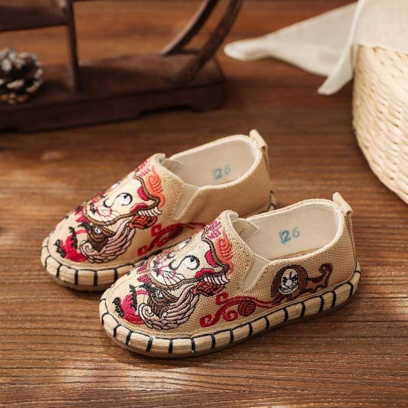 Vaikų drobiniai bateliai Kinų stiliaus, rankomis siuvinėti, viršutinė dalis iš medvilnės, vidutinio aukščio, PU padas, kvėpuojantys