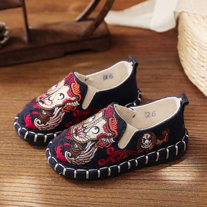 Vaikų drobiniai bateliai Kinų stiliaus, rankomis siuvinėti, viršutinė dalis iš medvilnės, vidutinio aukščio, PU padas, kvėpuojantys