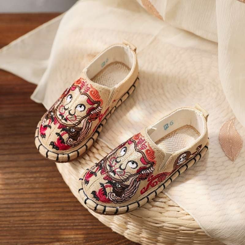 Vaikų drobiniai bateliai Kinų stiliaus, rankomis siuvinėti, viršutinė dalis iš medvilnės, vidutinio aukščio, PU padas, kvėpuojantys