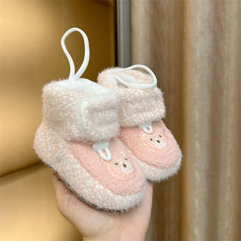 Pantofi bebeluși cu talpă moale, partea superioară din velur gros, pentru 0-15 luni, stil desen animat, de iarnă