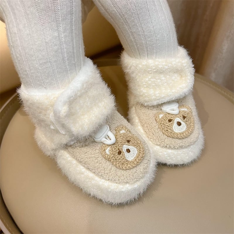 Pantofi bebeluși cu talpă moale, partea superioară din velur gros, pentru 0-15 luni, stil desen animat, de iarnă