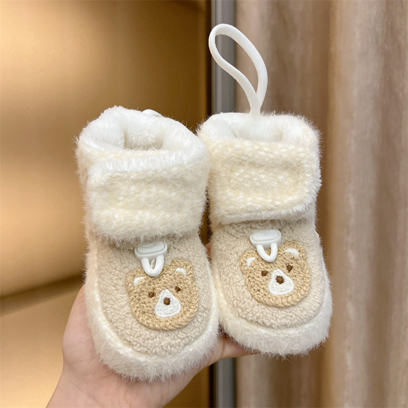 Pantofi bebeluși cu talpă moale, partea superioară din velur gros, pentru 0-15 luni, stil desen animat, de iarnă