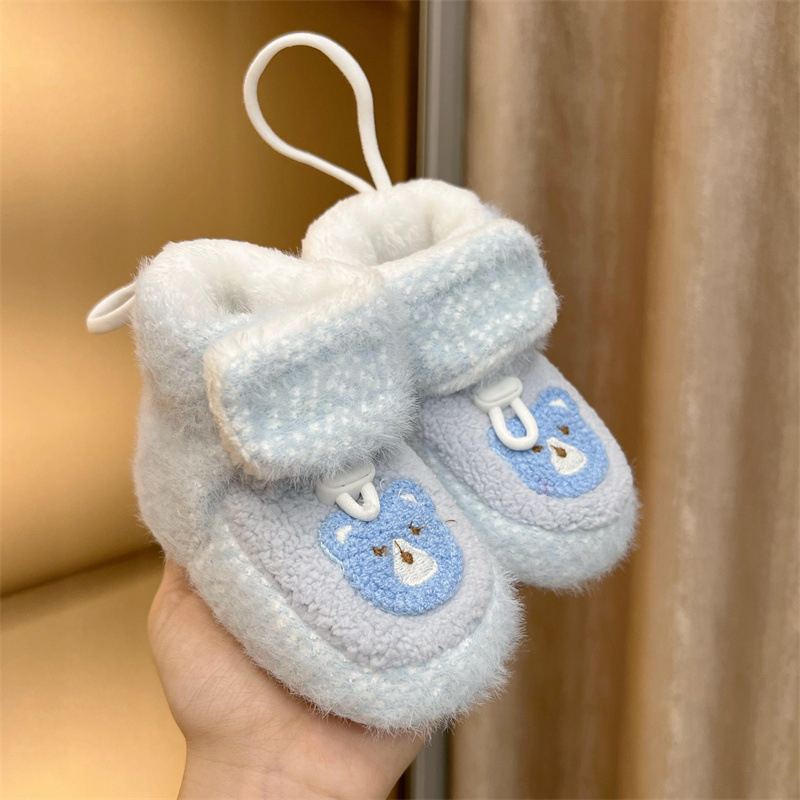 Pantofi bebeluși cu talpă moale, partea superioară din velur gros, pentru 0-15 luni, stil desen animat, de iarnă