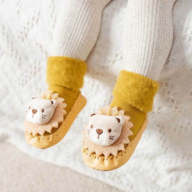 Șosete de podea pentru copii, căptușite cu fleece, antiderapante, talpă moale, 100% bumbac, înălțime medie a tubului, pentru copii 1–3 ani