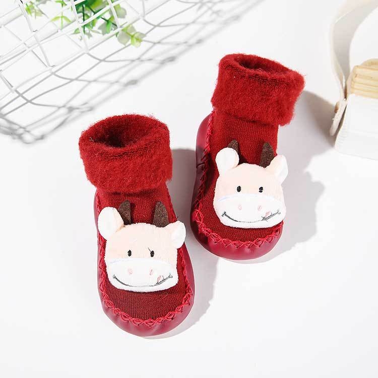 Șosete de podea pentru copii, căptușite cu fleece, antiderapante, talpă moale, 100% bumbac, înălțime medie a tubului, pentru copii 1–3 ani