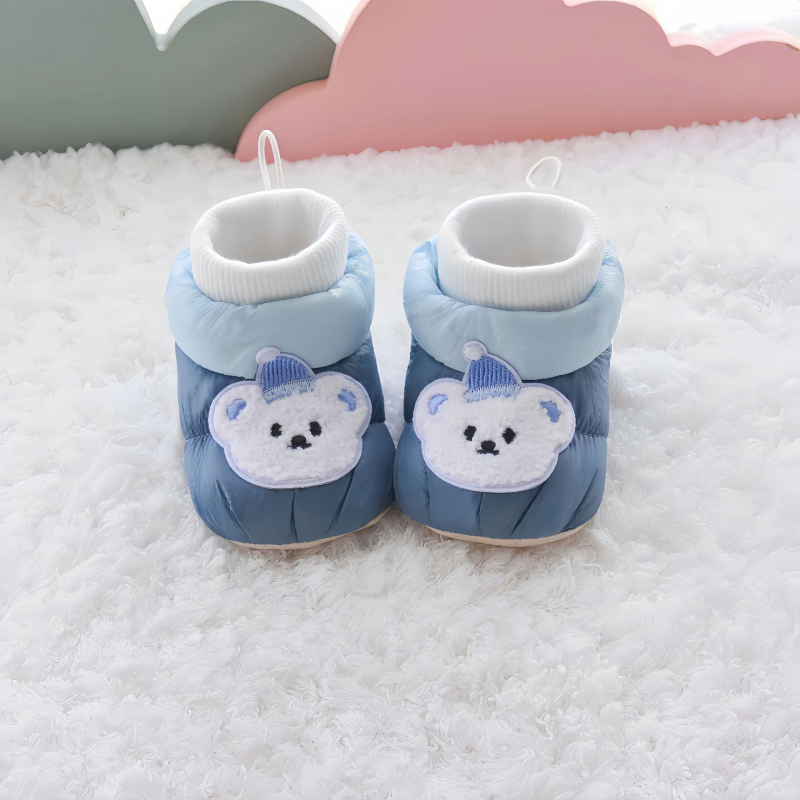 Baba téli zokni-cipő, uniszex, felső része vászonból, vastagított, csúszásmentes, 6–12 hónapos korosztálynak