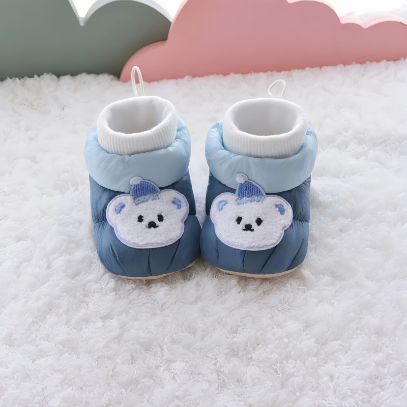 Baba téli zokni-cipő, uniszex, felső része vászonból, vastagított, csúszásmentes, 6–12 hónapos korosztálynak