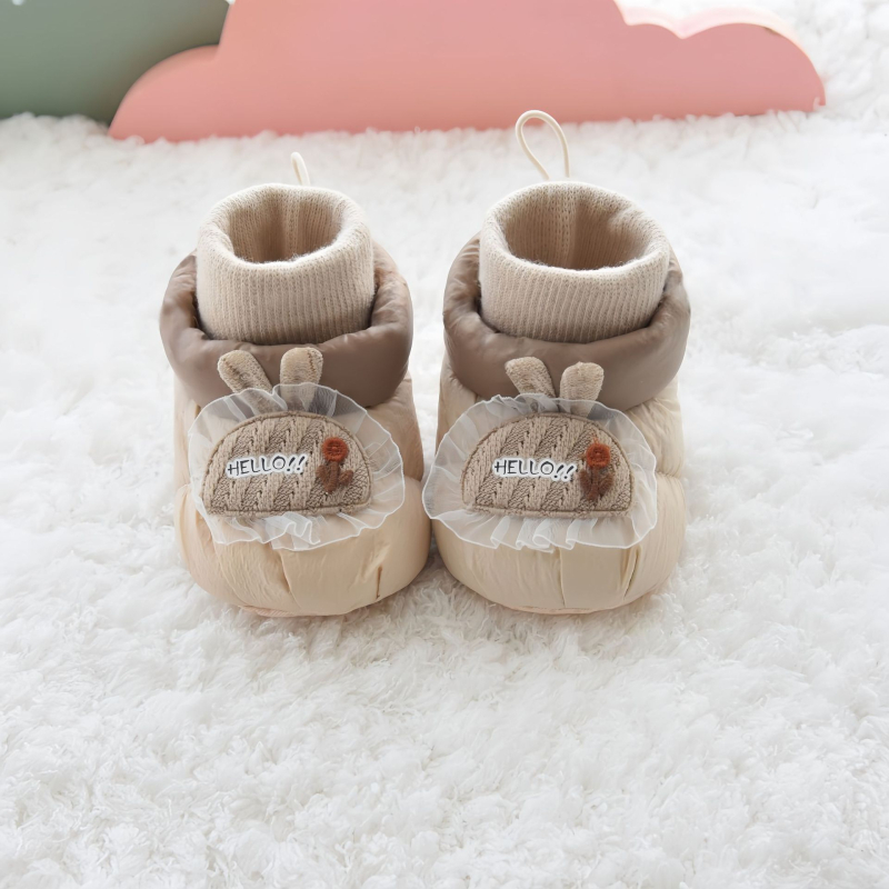 Baba téli zokni-cipő, uniszex, felső része vászonból, vastagított, csúszásmentes, 6–12 hónapos korosztálynak