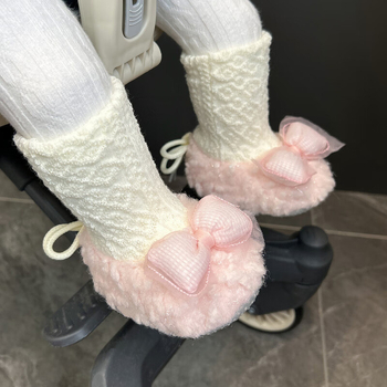 Pantofi-șosete pentru bebeluși, partea superioară Velur, gros, model funda, anti-derapant și căldură