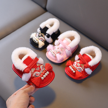 Pantofi pentru copii mici, stil etnic, partea superioară din bumbac, talpă moale, cap de tigru plușat, imprimeu cartoon, 12–36 de luni